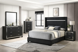 main view of Gennro Black Velvet Upholstered Panel Bedroom Set bed