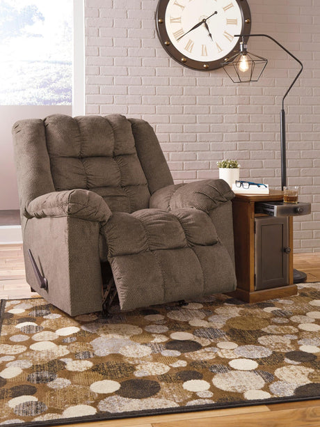 Drakestone Brown polyester rocker recliner with heat and massage, angled front view