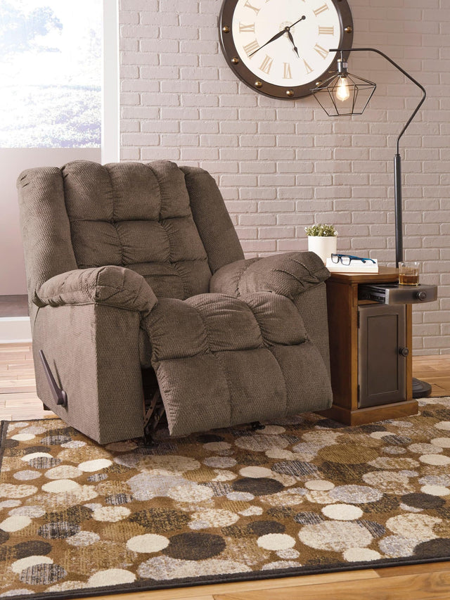 Drakestone Brown polyester rocker recliner with heat and massage, angled front view