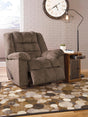 Drakestone Brown polyester rocker recliner with heat and massage, angled front view