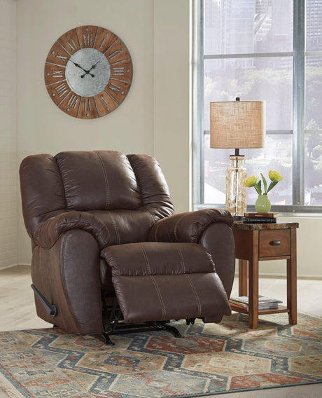 Ashley Walnut Rocker Recliner with exterior handle and pillow arms, front angle