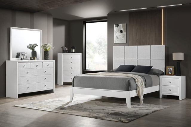Denker Evan White Paneled Bedroom Set king bed front view