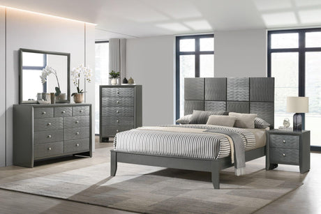 main view of Denker Gunmetal Panel Bedroom Set bed