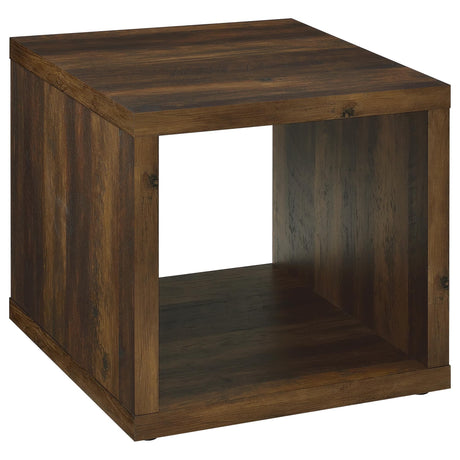 Frisco Square engineered wood side end table in dark pine, front angle