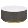 Jason Round marble top coffee table white marble and charcoal metal base, front angle