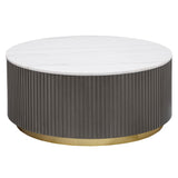 Jason Round marble top coffee table white marble and charcoal metal base, front angle