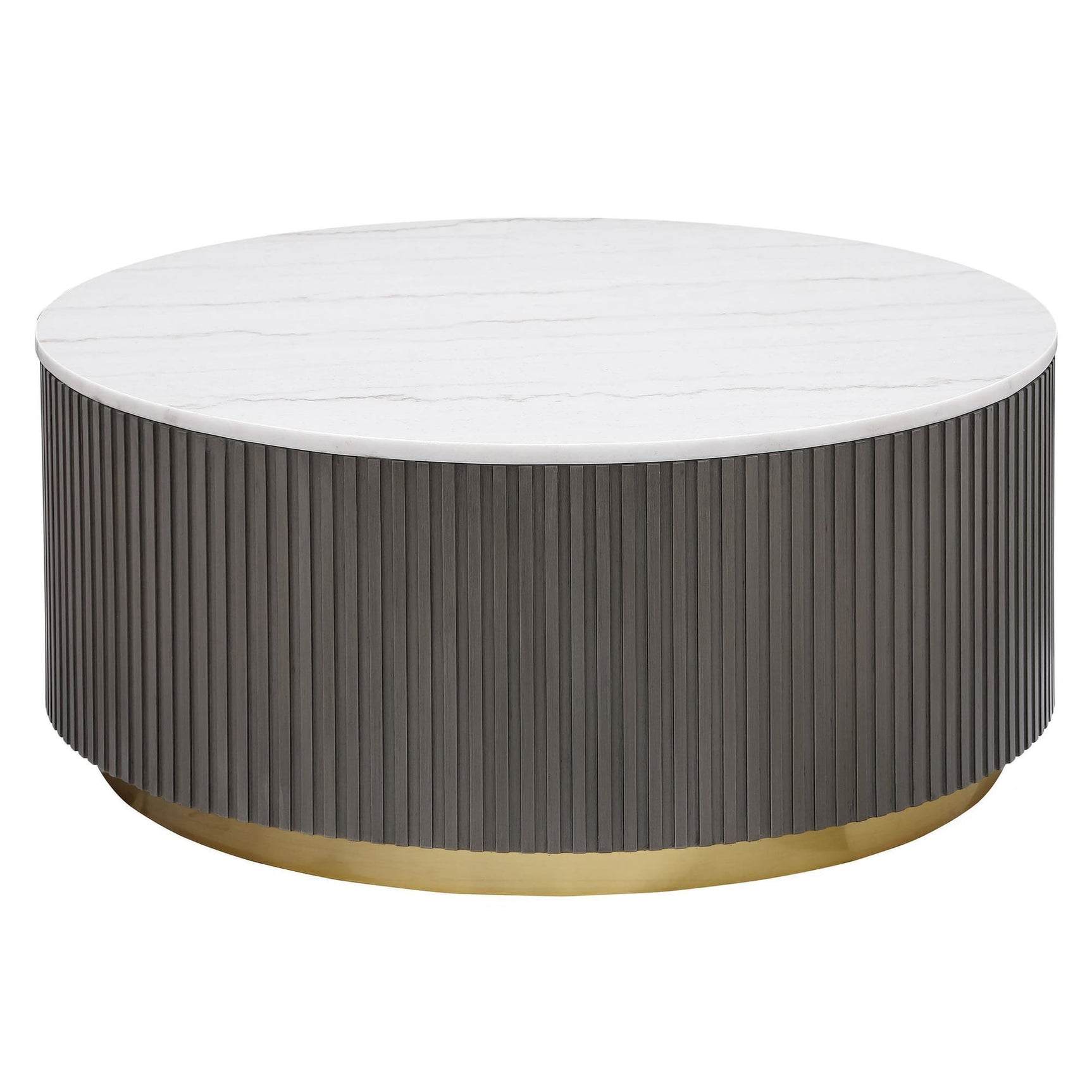 Jason Round marble top coffee table white marble and charcoal metal base, front angle