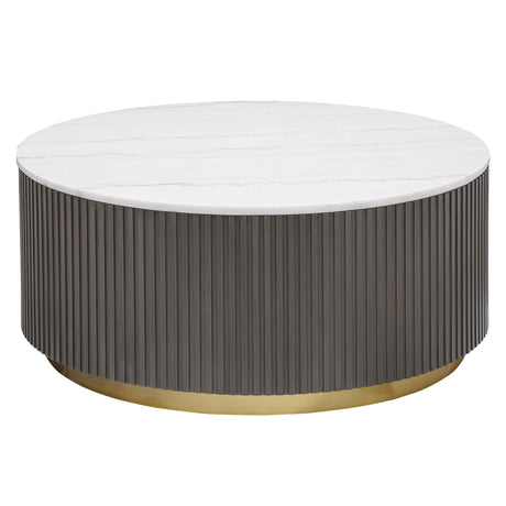 Jason Round marble top coffee table white marble and charcoal metal base, front angle