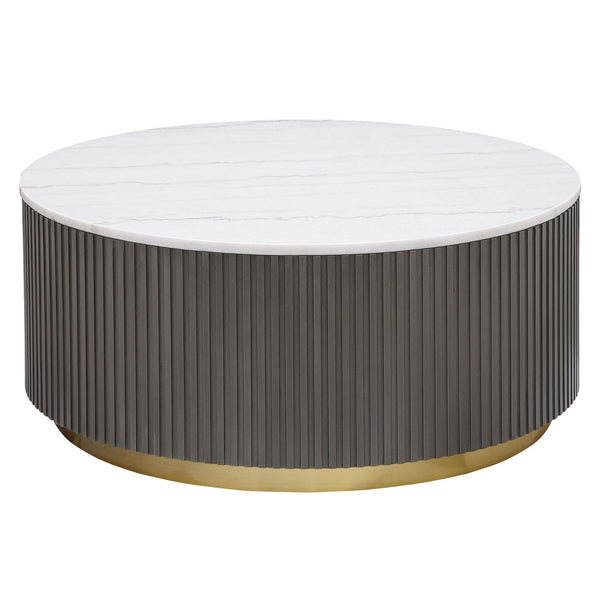 Jason Round marble top coffee table white marble and charcoal metal base, front angle