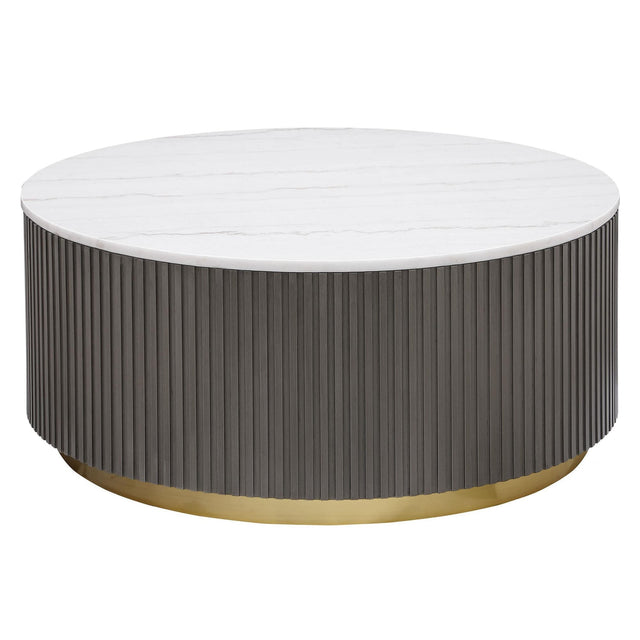Jason Round marble top coffee table white marble and charcoal metal base, front angle