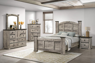Ella Mae Gray four poster bedroom set main view showing bed and nightstand