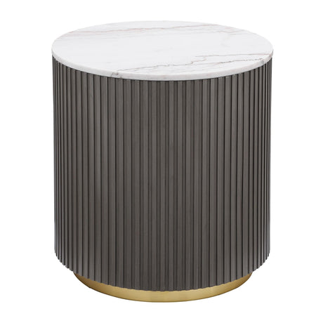 Jason Round Side Table with white marble top and charcoal metal base, front view