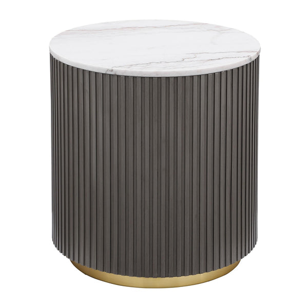 Jason Round Side Table with white marble top and charcoal metal base, front view