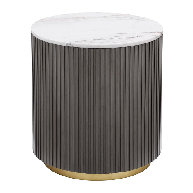 Jason Round Side Table with white marble top and charcoal metal base, front view