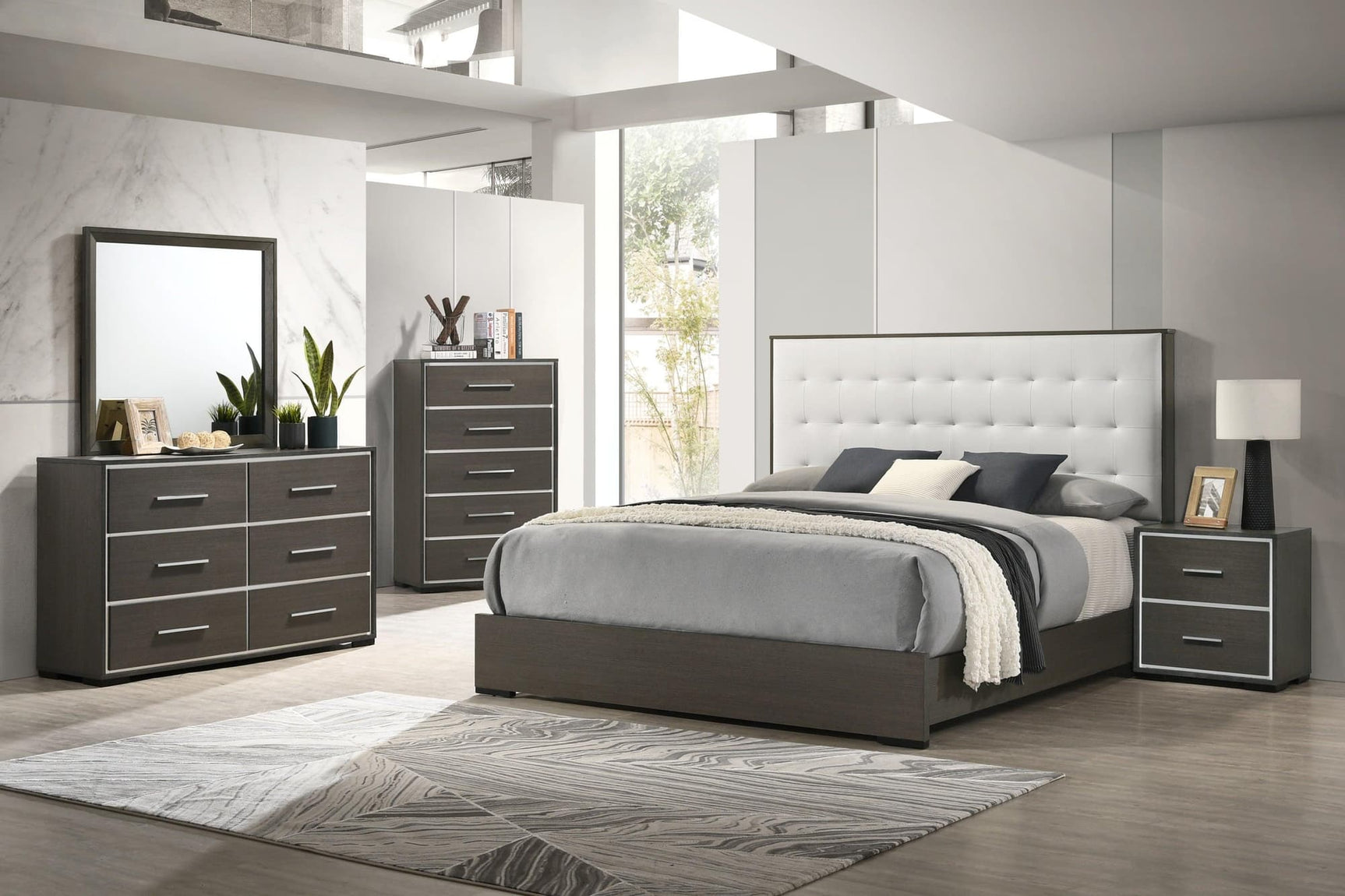 Sharpe Gray White Fabric Upholstered Tufted Bedroom Set bed main view
