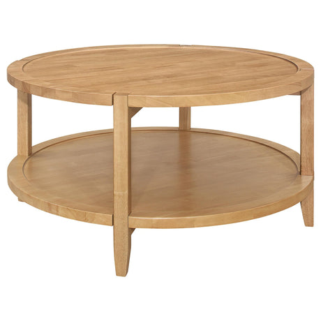 Camillo round solid wood coffee table in maple brown front view