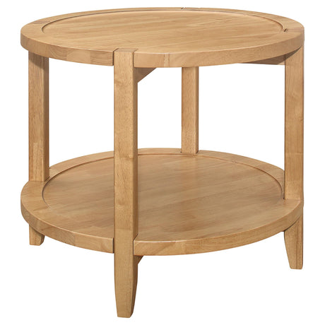 Camillo round solid wood side table in maple brown, front angle