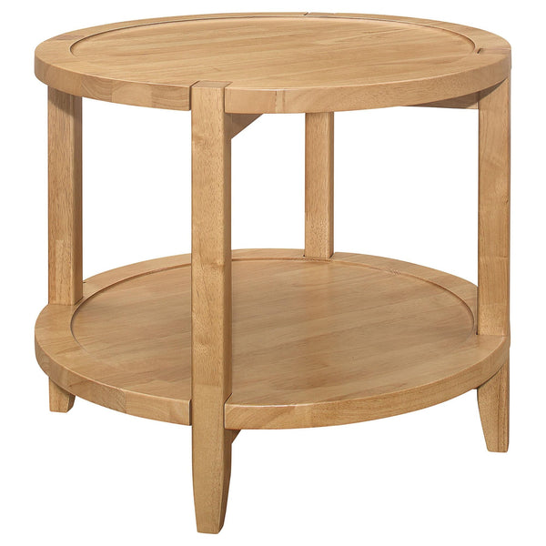 Camillo round solid wood side table in maple brown, front angle