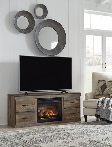 Trinell Brown TV Stand with Electric Fireplace front angle view