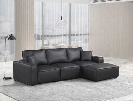 Columbia sectional sofa in black faux leather, front view