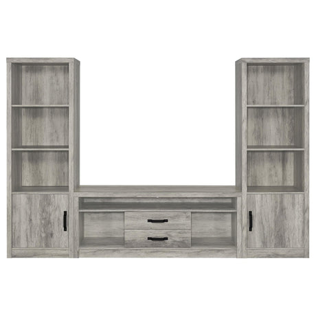 Burke 3-piece 59 inch grey driftwood TV entertainment center front view