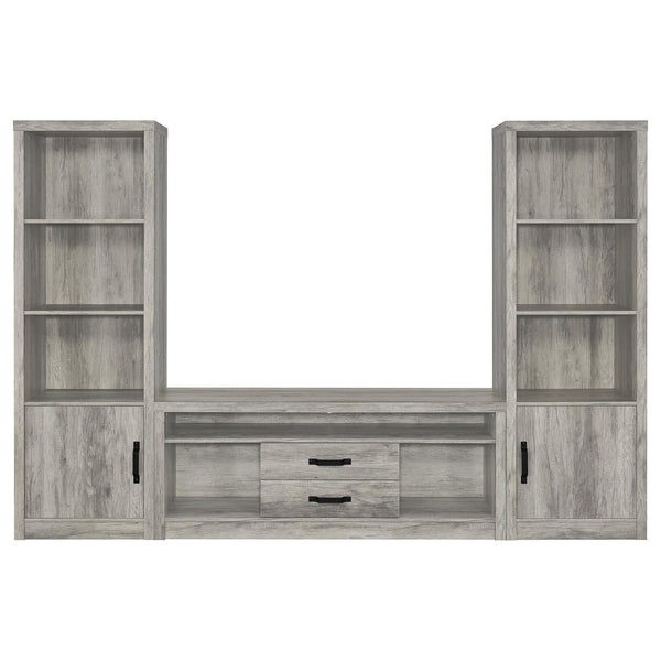 Burke 3-piece 59 inch grey driftwood TV entertainment center front view