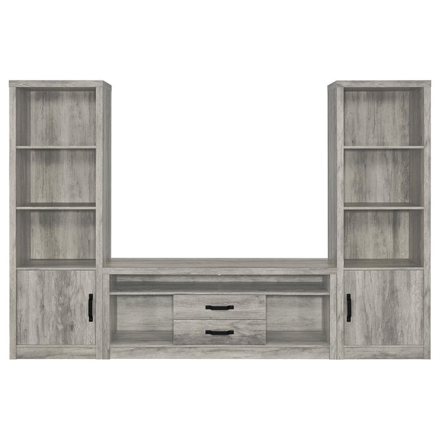 Burke 3-piece 59 inch grey driftwood TV entertainment center front view