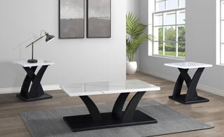 Zion white and black marble top solid wood cocktail coffee table front view