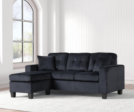 Cris Black Velvet Upholstered Tufted Reversible Sectional sofa front angle