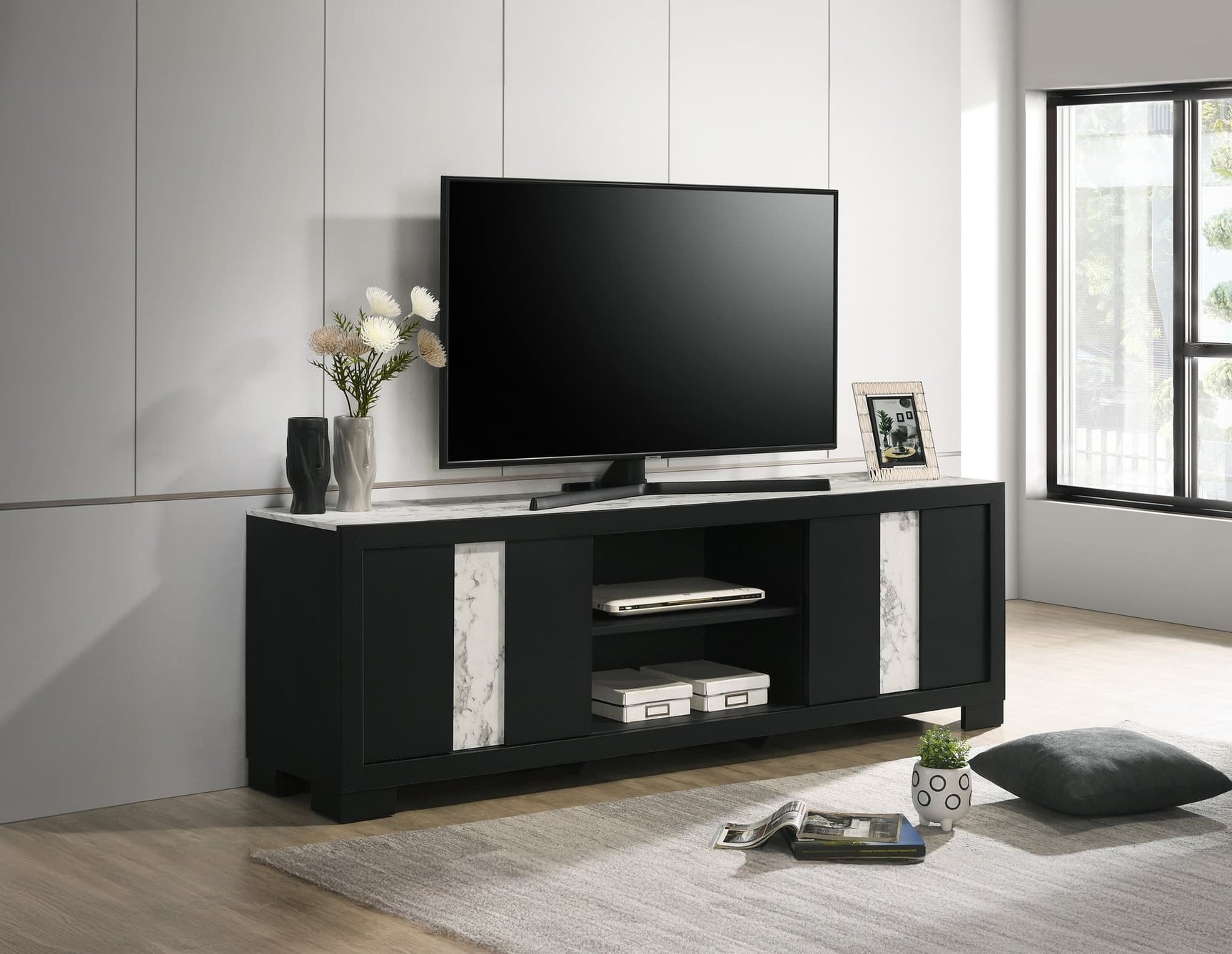 Rangley Black TV Stand front view with storage shelves