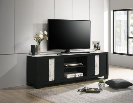 Rangley Black TV Stand front view with storage shelves
