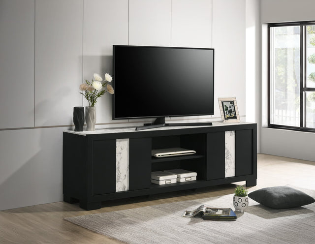 Rangley Black TV Stand front view with storage shelves
