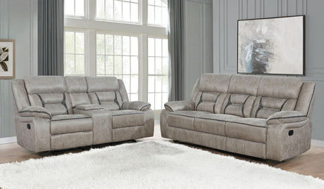 Greer taupe upholstered reclining sofa with built-in cupholders front view