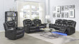 Alexa grey faux leather power reclining sofa front angle