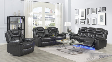 Alexa grey faux leather power reclining sofa front angle