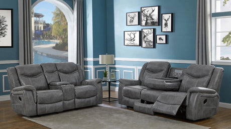 Conrad grey upholstered motion sofa angled view showing padded arms