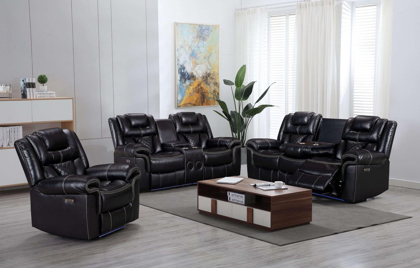 Alexa black 3-piece power reclining sofa set front view