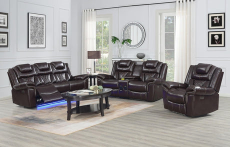 Alexa 3-piece brown faux leather power reclining living room set front view