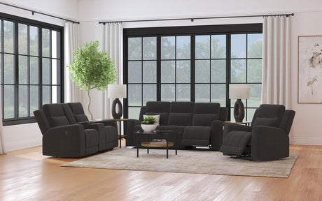 Brentwood reclining sofa set in black leatherette, front view
