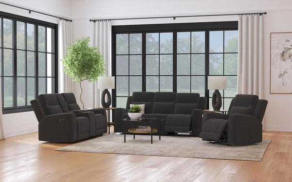 Brentwood reclining sofa set in black leatherette, front view