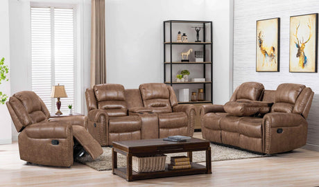 Rivercreek Brown Modern Sleek Palomino Upholstered 3Pc Reclining Set - Ella Furniture front view