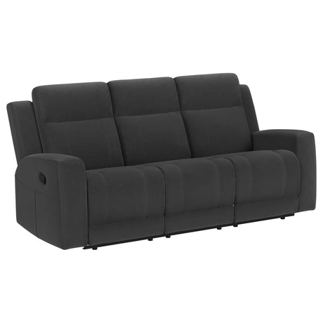Brentwood black upholstered manual reclining sofa angled front view