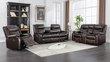 Weston Espresso reclining sofa in faux leather, front view