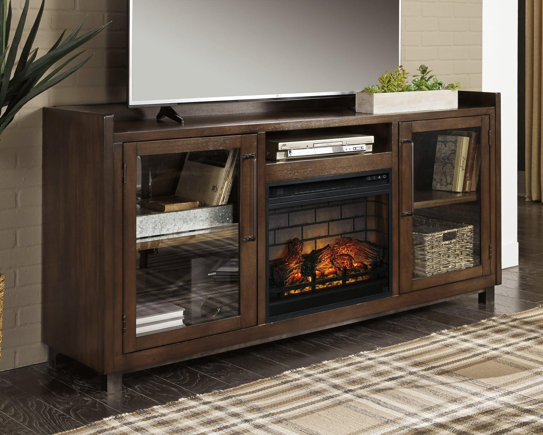 Starmore 70 inch brown TV stand with electric fireplace front view