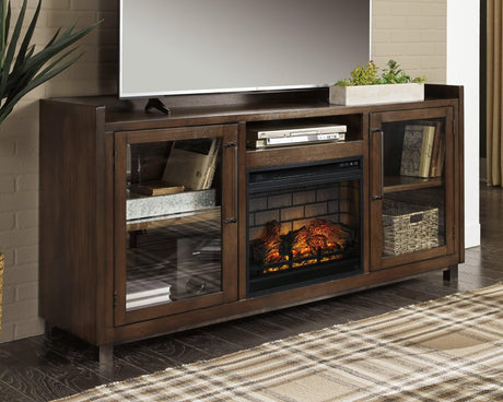 Starmore 70 inch brown TV stand with electric fireplace front view
