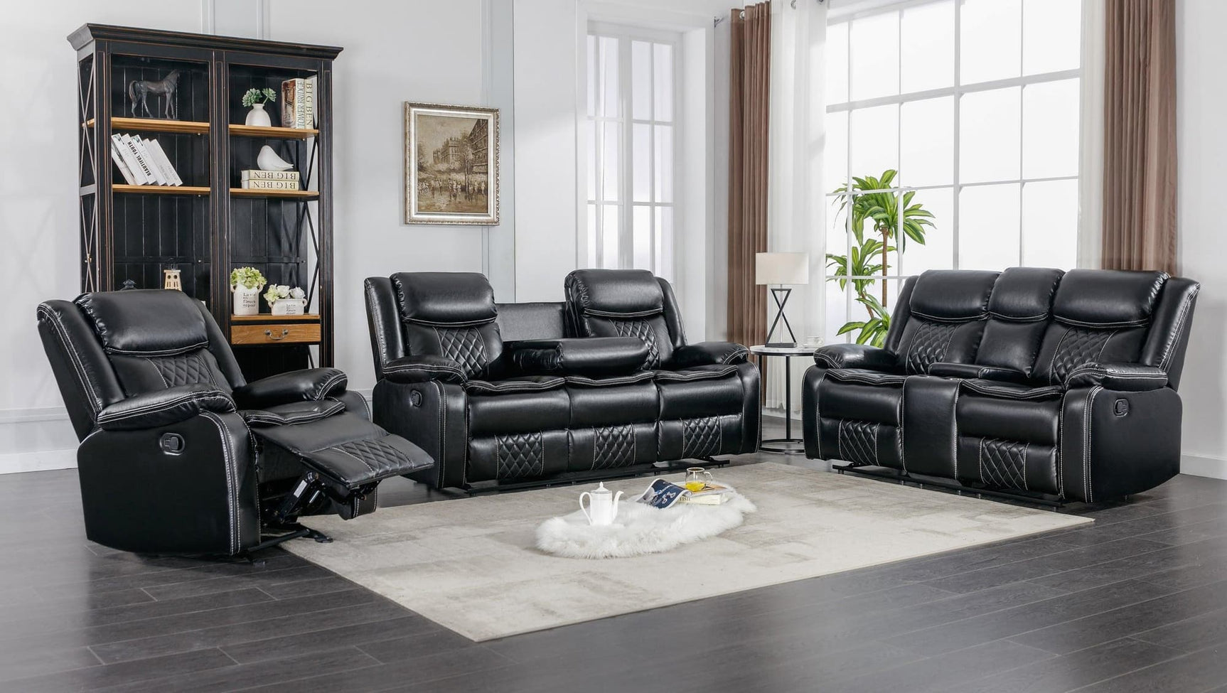 Weston black faux leather 3-piece reclining living room set front angle