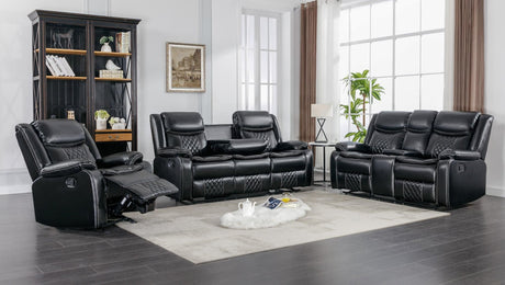 Weston black faux leather 3-piece reclining living room set front angle