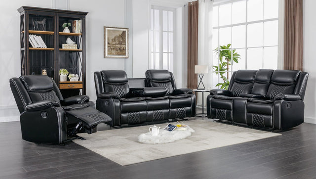 Weston black faux leather 3-piece reclining living room set front angle