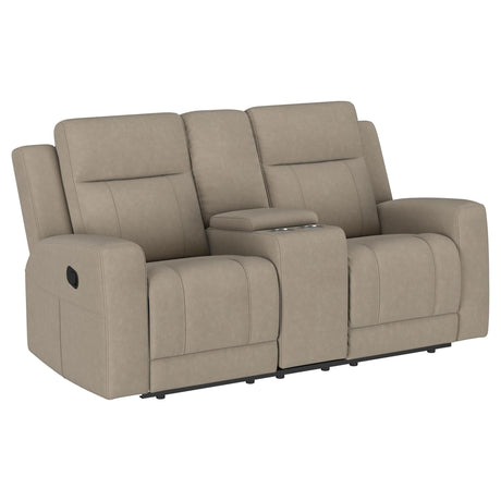 Brentwood taupe upholstered manual motion reclining loveseat front view