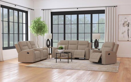 Brentwood reclining sofa front view in taupe upholstery